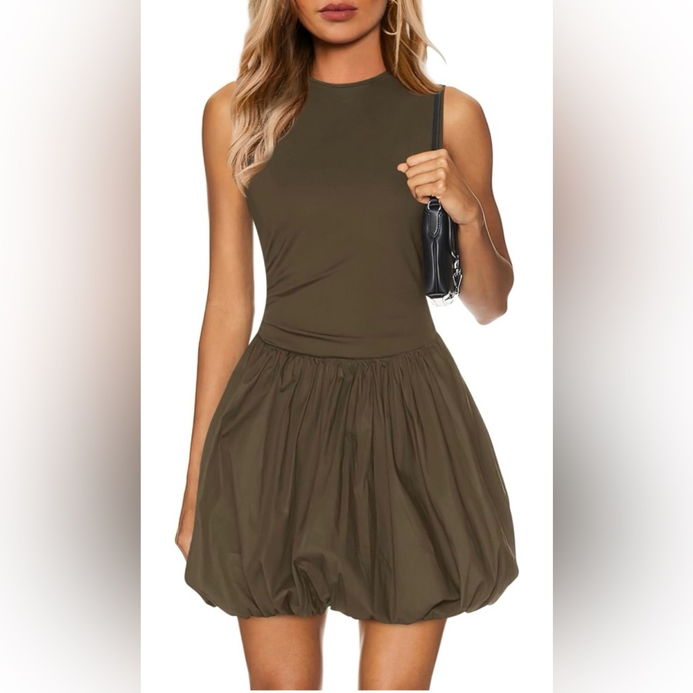 Sleeveless Olive Green Bubble Dress- has pockets!